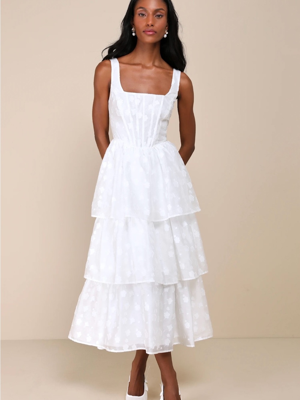 Lulu’s  Sweet Potential White Floral Burnout Tiered Midi Dress
